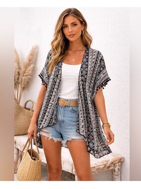Poetry Boho Coastal Kimono Cardigan Elephant Print Sheer Tassel Trim Boho Medium